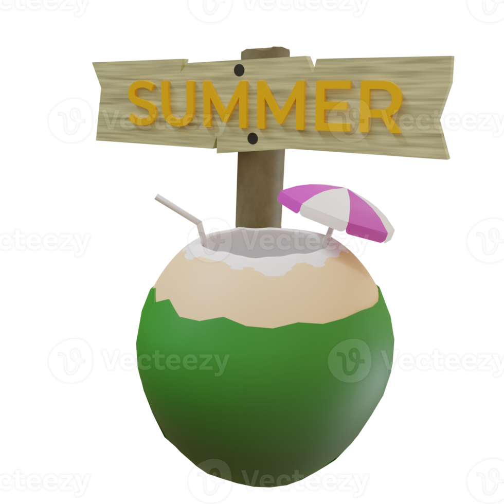 3d rendering of fresh coconut fruit drink with summer signboard, for posters, banners, promotional flyers and greeting cards png