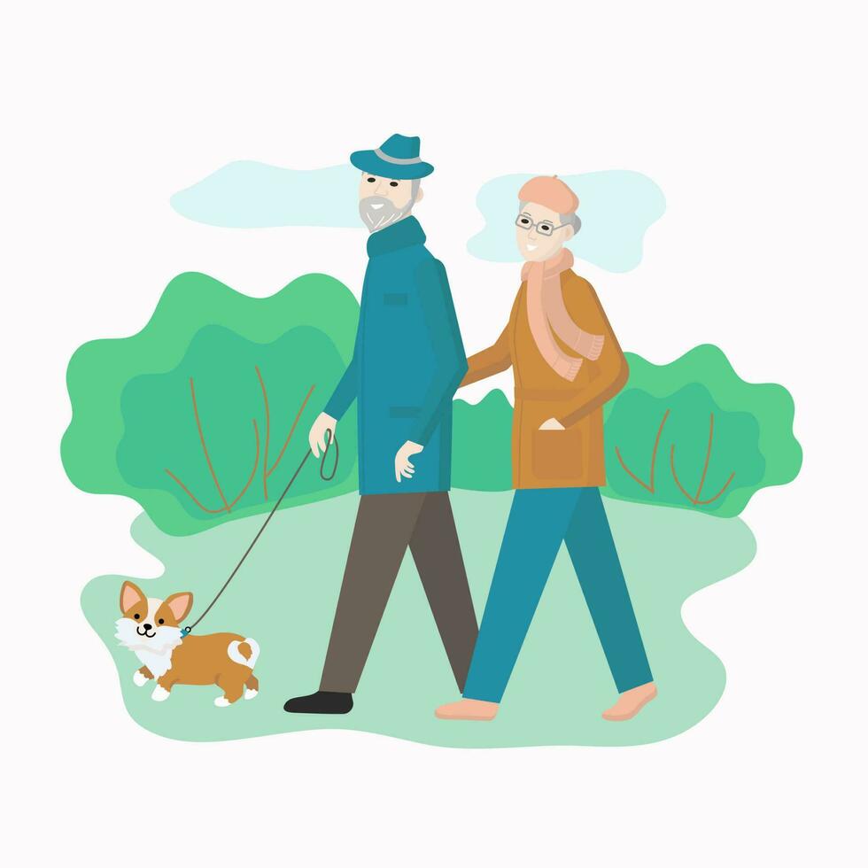 Elderly man and woman are walking with a pet. An elderly man with a dog. Park, trees.   Vector graphic. Background isolated.