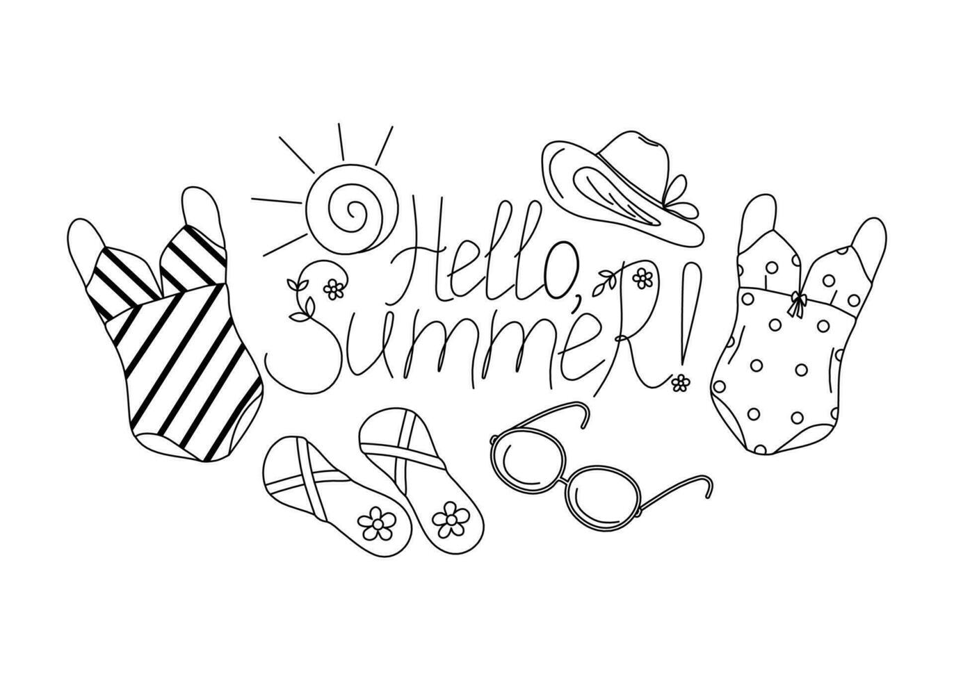Clothes and shoes for the beach. Slogan, Hello Summer. Calligraphy, inscription. Vector graphics.