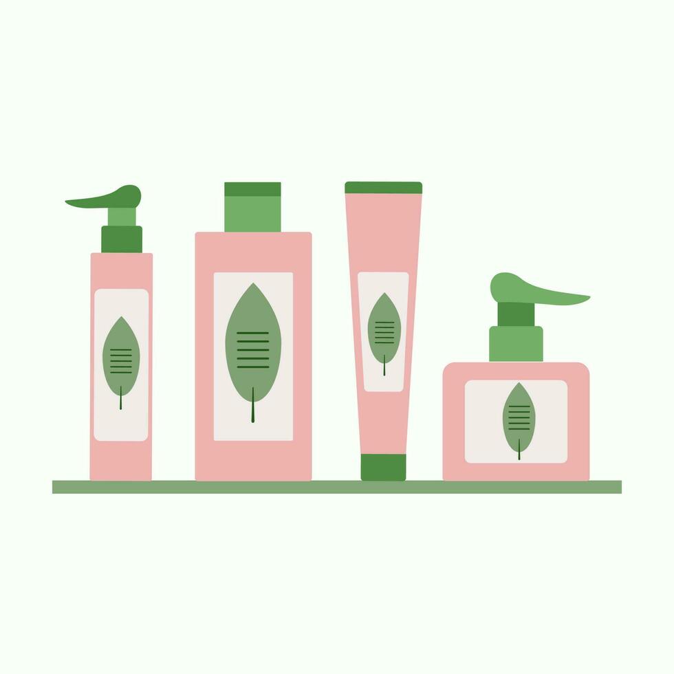 Set Products with natural herbal composition. Herbal Cosmetics, cream, lotion.  Bottles and tubes. Body care, face care, hair care.  Vector illustration.