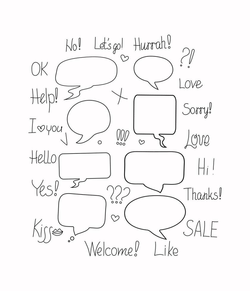 Short phrase, speech bubble, set. Signs and words. Handwritten inscription.  Calligraphy.  Vector illustration on isolated background.