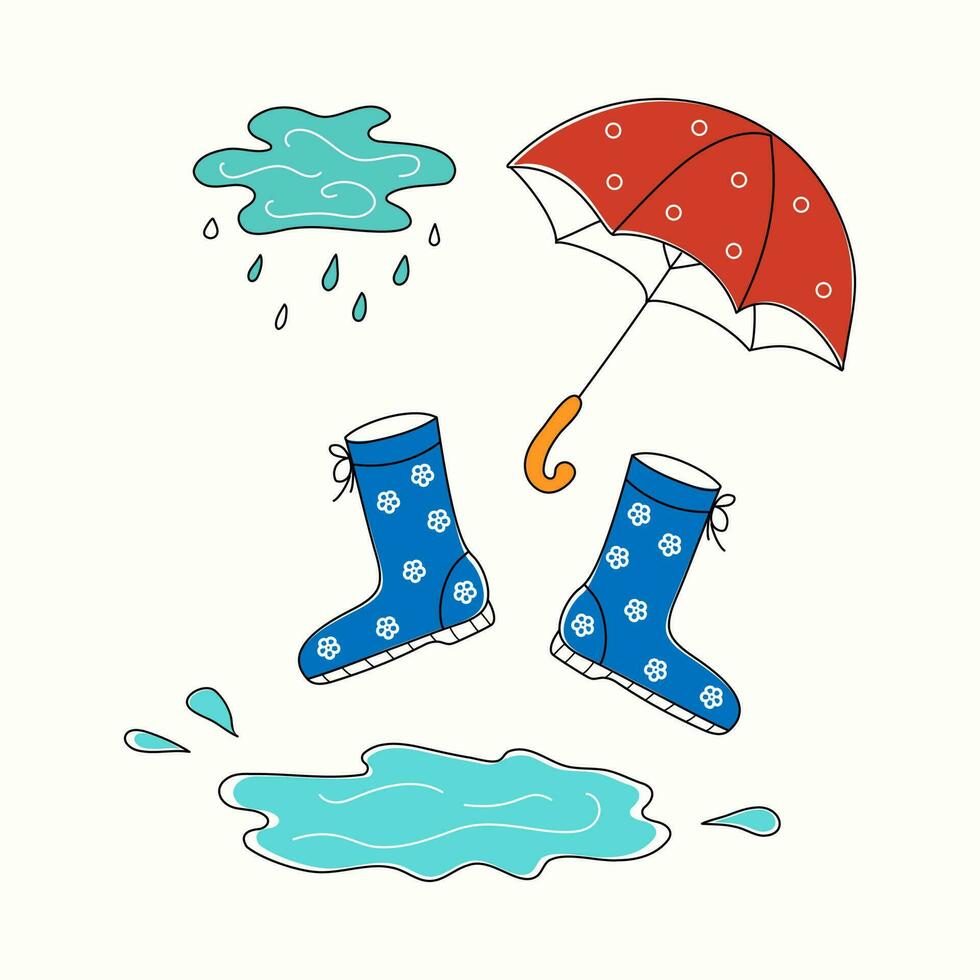 lluvia, charcos, caucho botas y un sombrilla. dibujos animados colocar. garabatear estilo. íconos . vector ilustración.