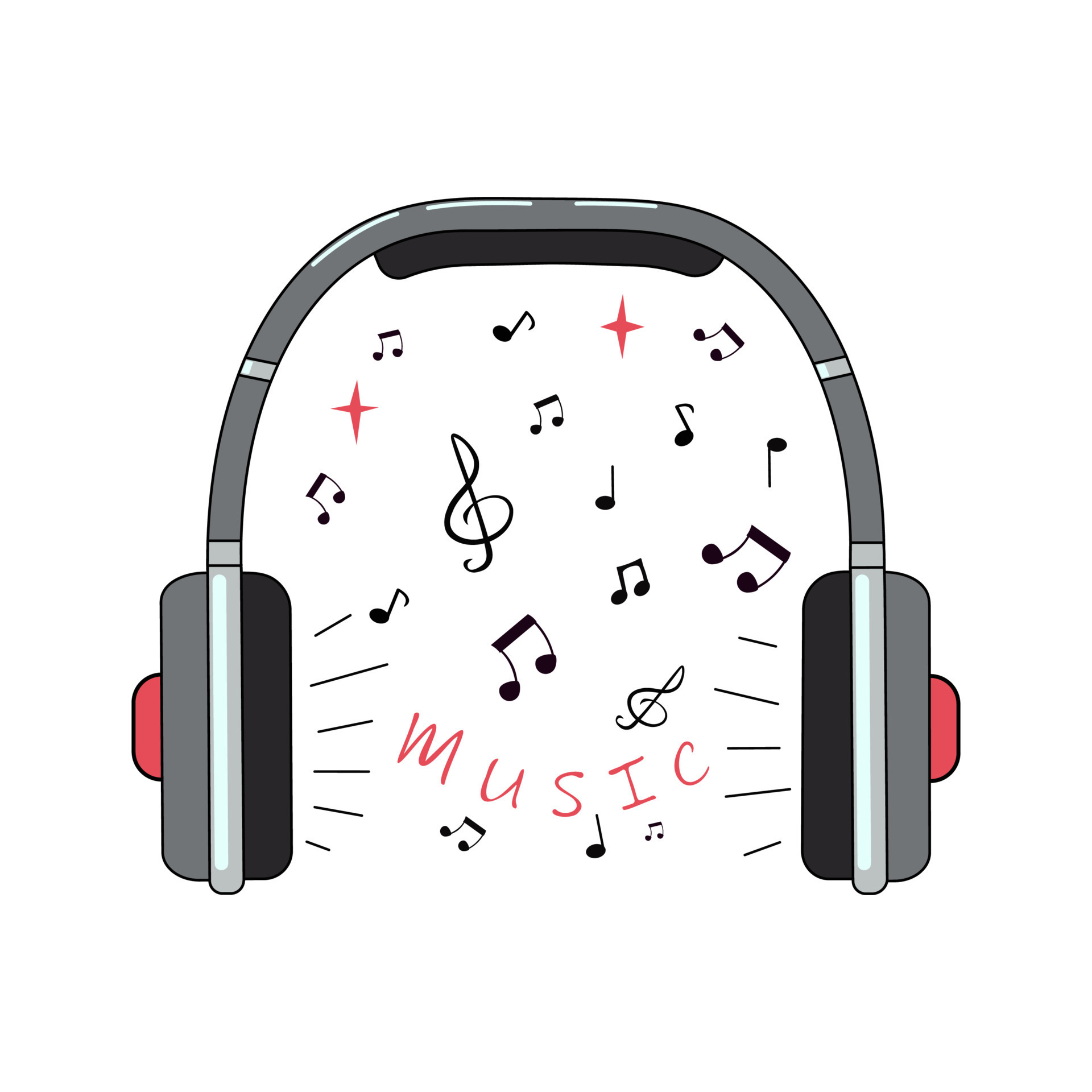 Headphones, notes. Music, electronics. Cartoon headphones. Vector
