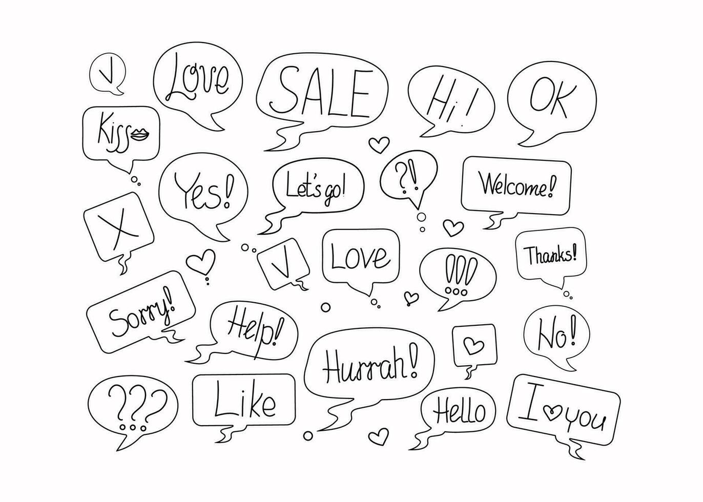 Short phrases in speech bubbles, set. Online chat clouds with text, words, comments, emotions. Informational forms. Suitable for illustrating reactions. Vector illustration, doodle with text.