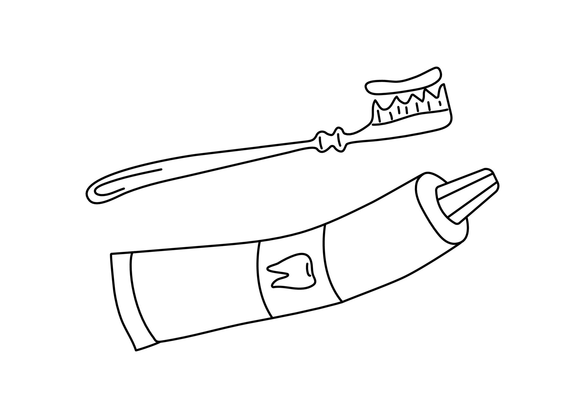 Healthy tooth . Toothpaste and toothbrush , doodle, outline drawing