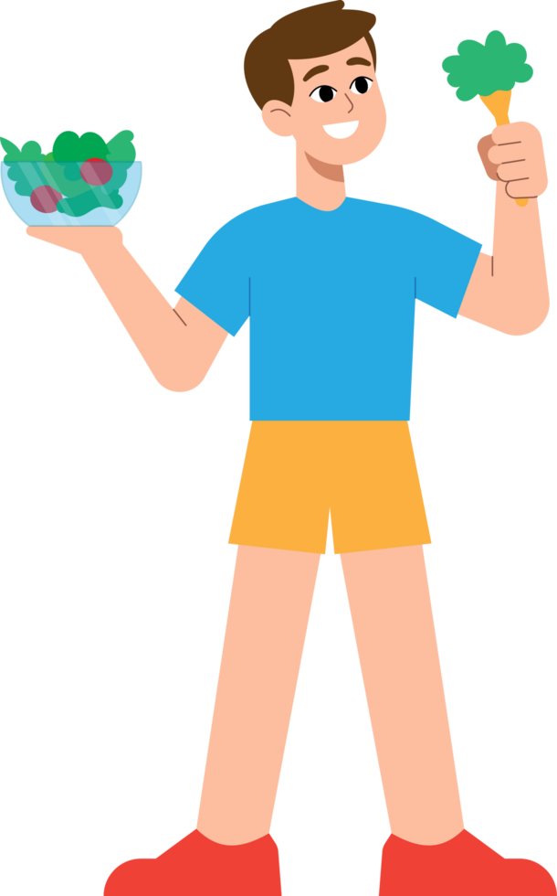 Healthy Man Eating Vegetable Salad Cartoon Style illustration. png