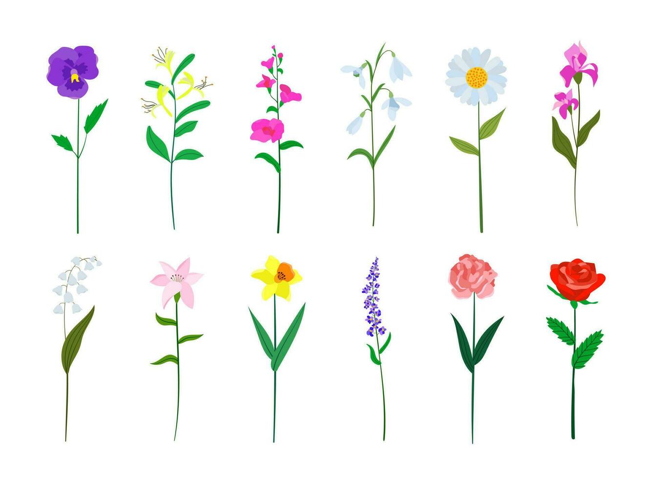 realista vistoso plano diseño flores colocar. Perfecto para ilustraciones y educación. vector