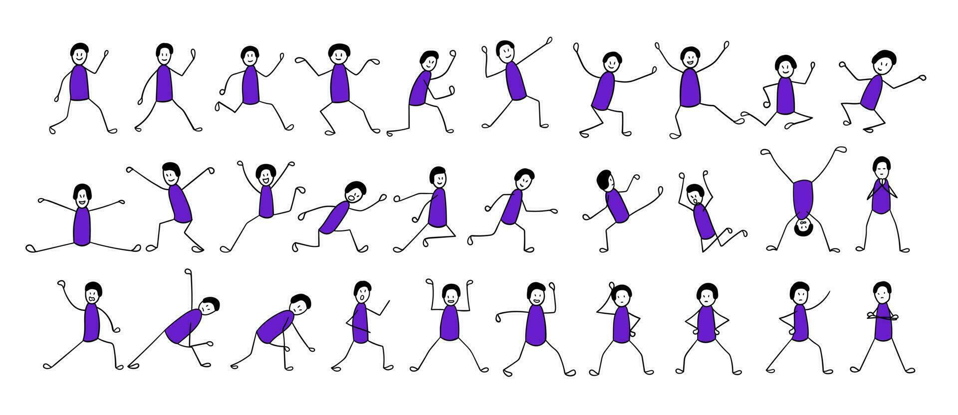 Cartoon Hand Drawn Stick Man In Different Poses Vector Set Stock