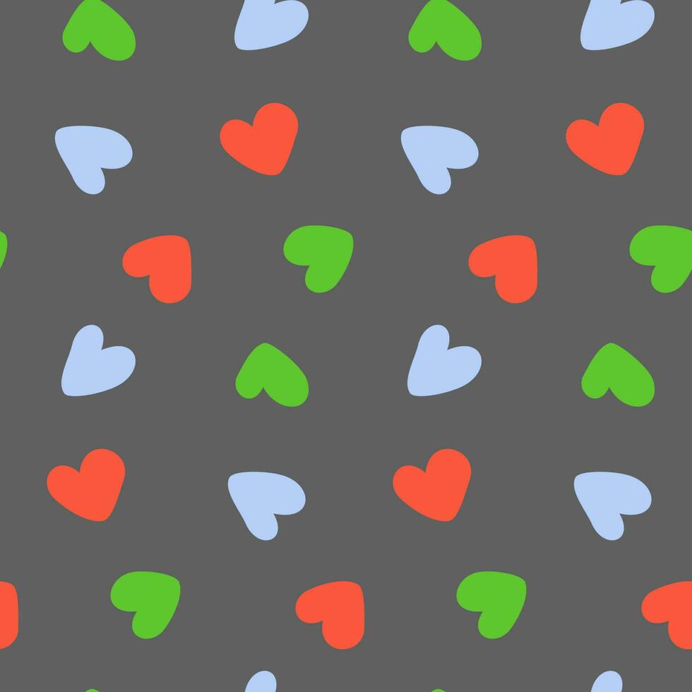 Abstract seamless pattern with hand drawn hearts shapes in trendy shades on a gray backdrop. Vector