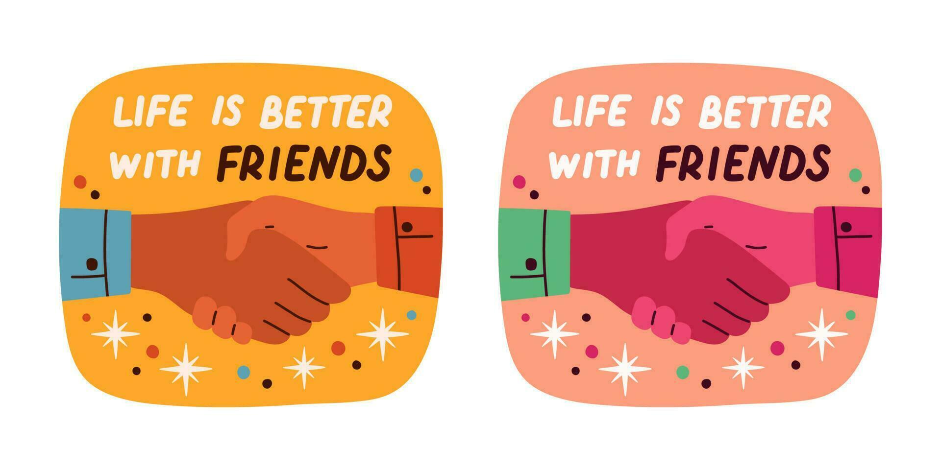 Set of stickers about friends and friendship. Collection of hand drawn lettering. Vector illustration