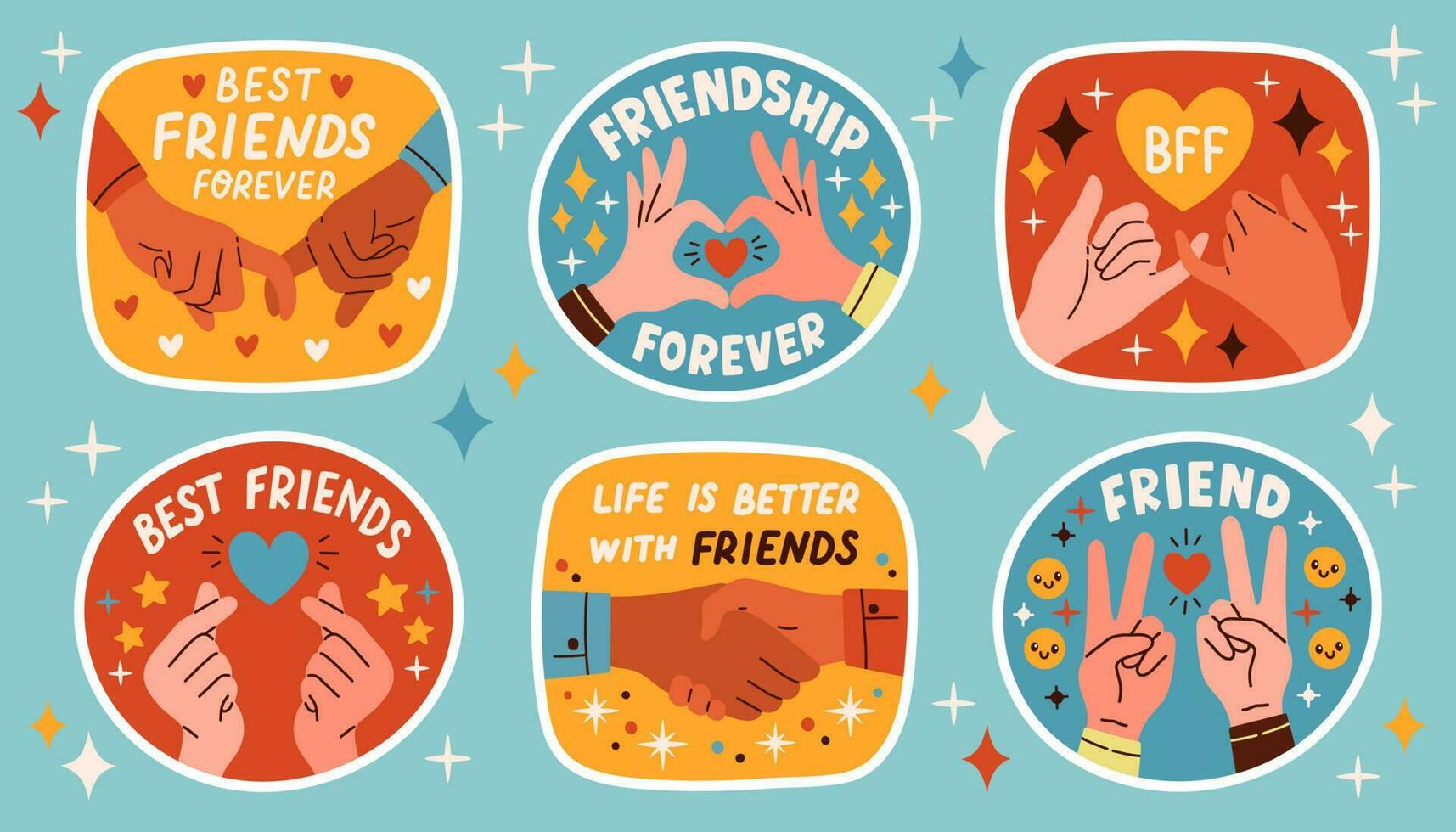 Set of stickers about friends and friendship. Collection of hand drawn lettering. Vector illustration