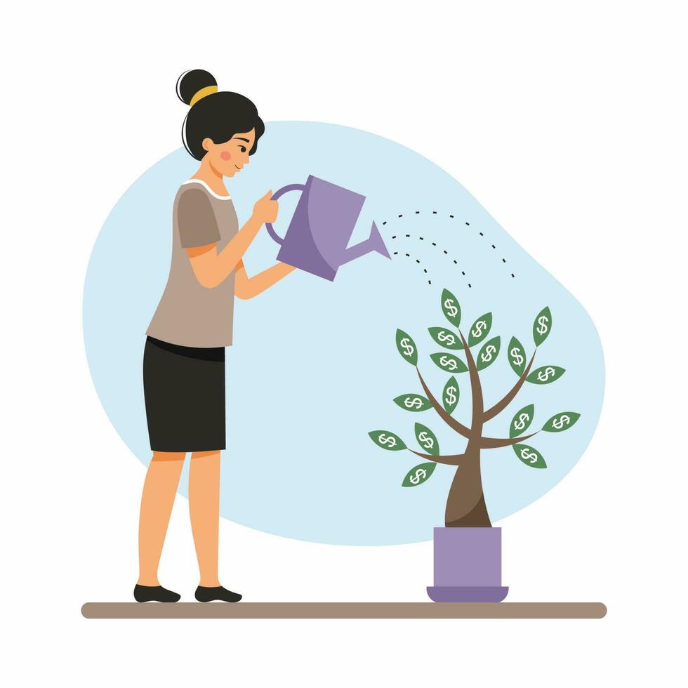 Business woman waters money tree from  watering can. vector