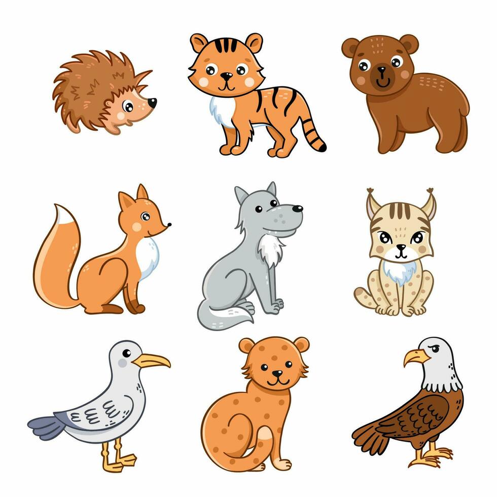 Set of illustrations for children with predatory animals. Vector drawing in cartoon style.