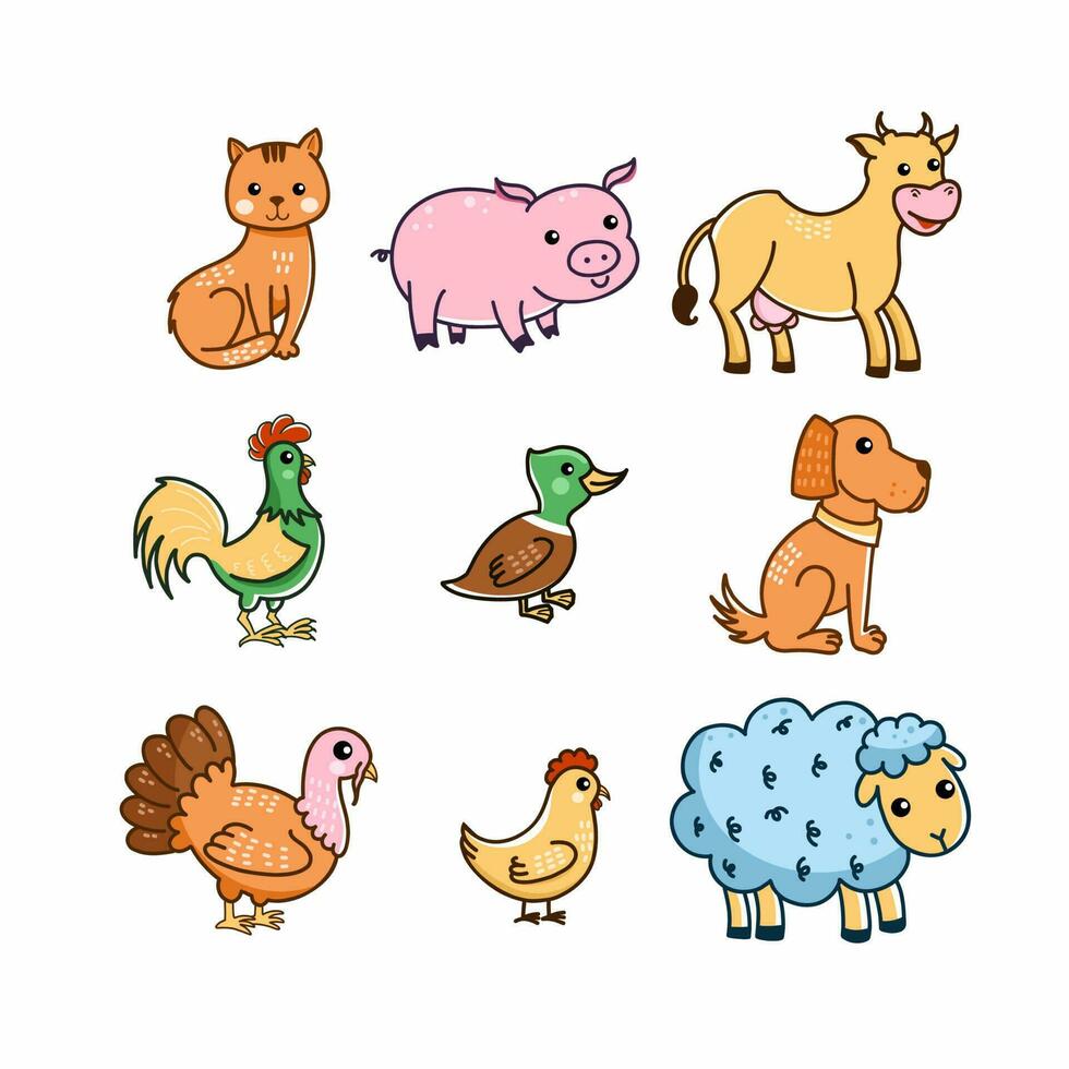 Pets on farm. Set of illustrations for children in cartoon style. vector