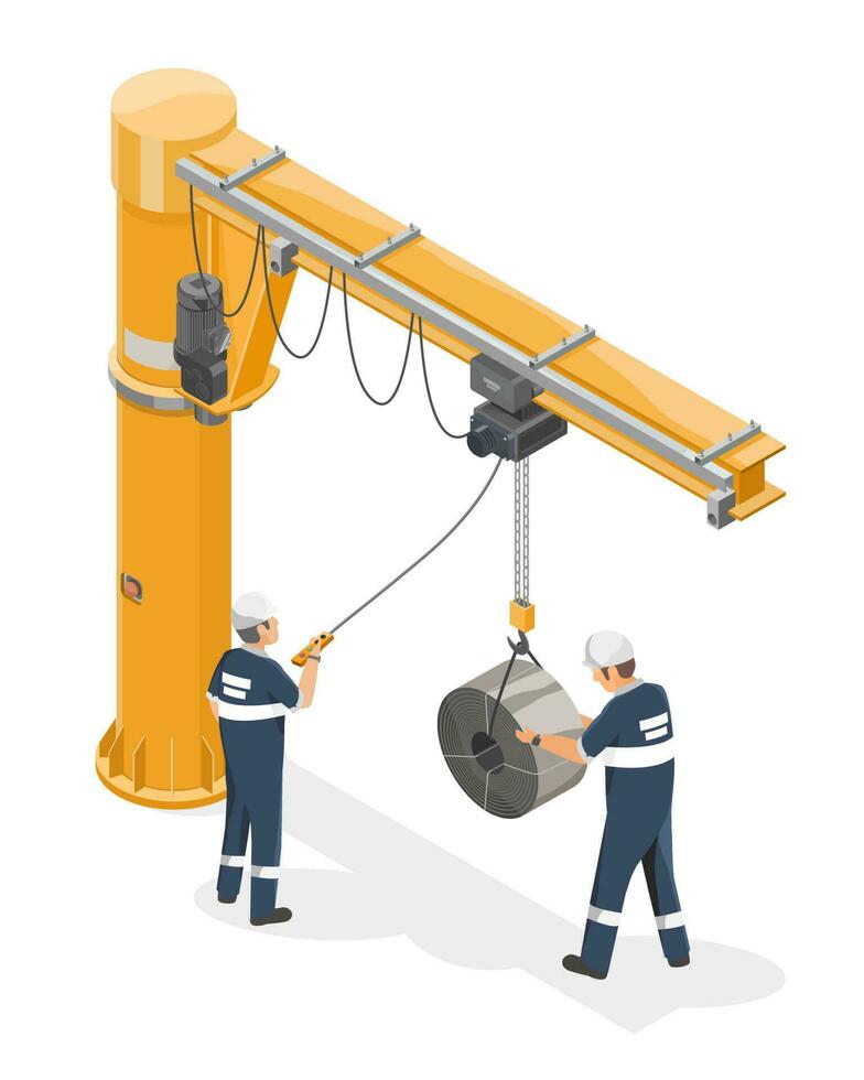 Two worker using Operating Slewing jib medium crane to lifting and moving heavy mattirial inside factory warehouse industrial isometric isolated cartoon vector