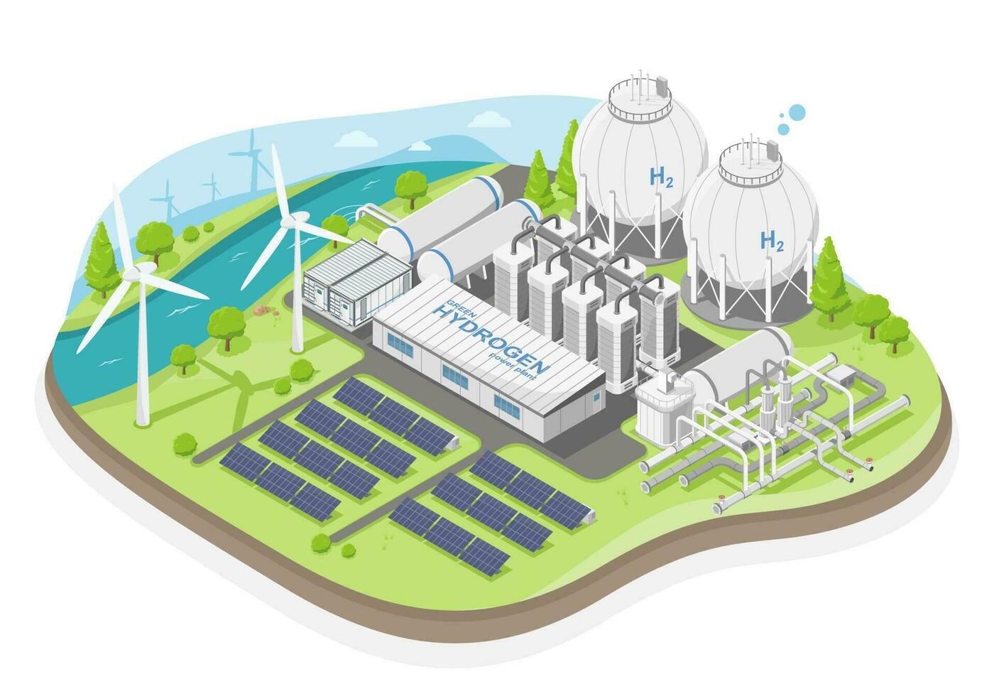 Green hydrogen power plant concept with solar cell and wind turbine energy for h2 ecology powerhouse electricity in nature isometric isolated cartoon vector