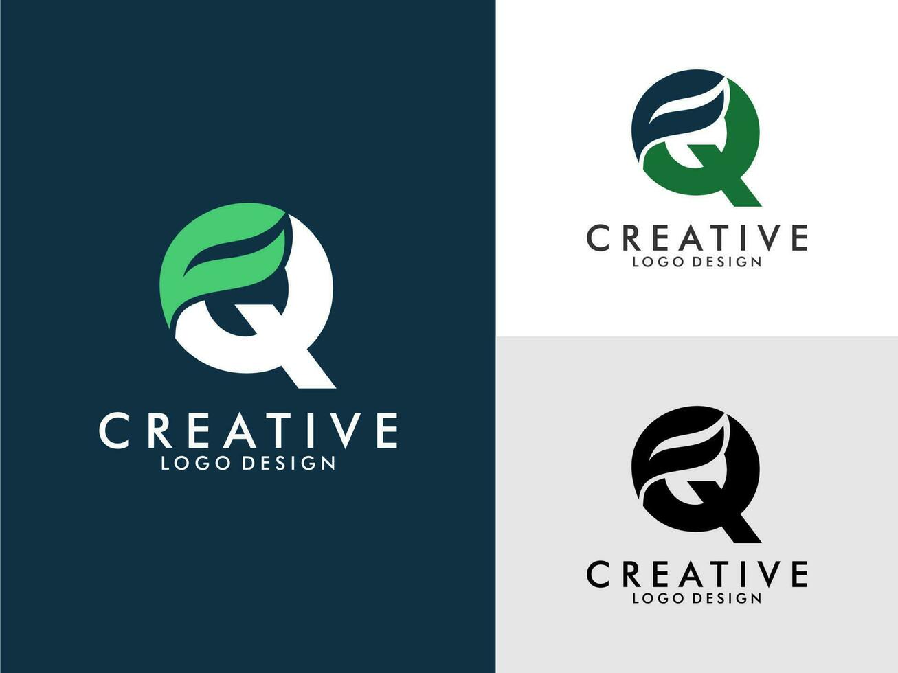 Initial Letter Q Logo with Green Leaf vector on three color variations . Usable for Branding and Nature Logos. Flat Vector Logo Design Template Element