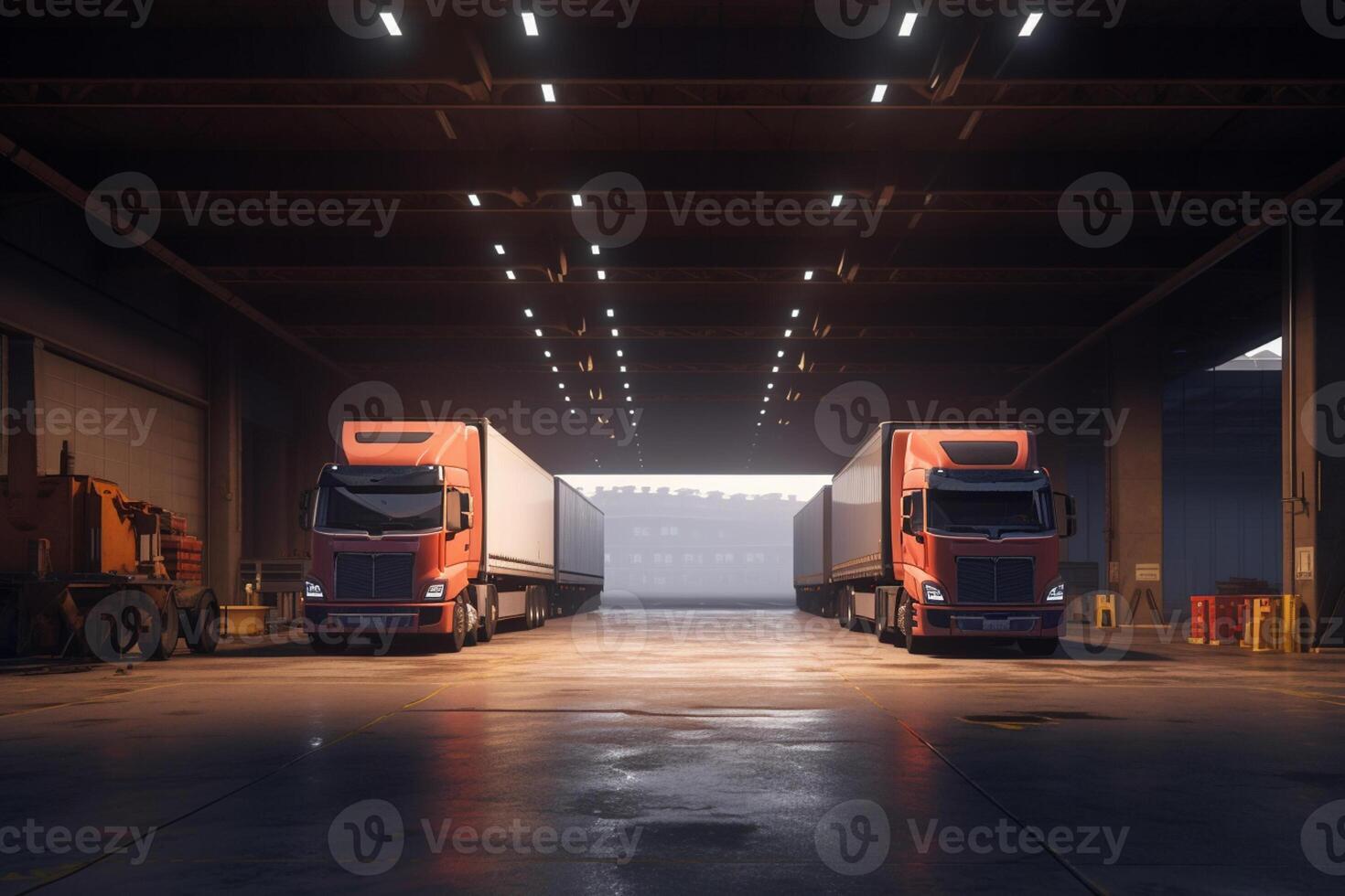 loading bay with two trucks parked outside in the style of modern with photo