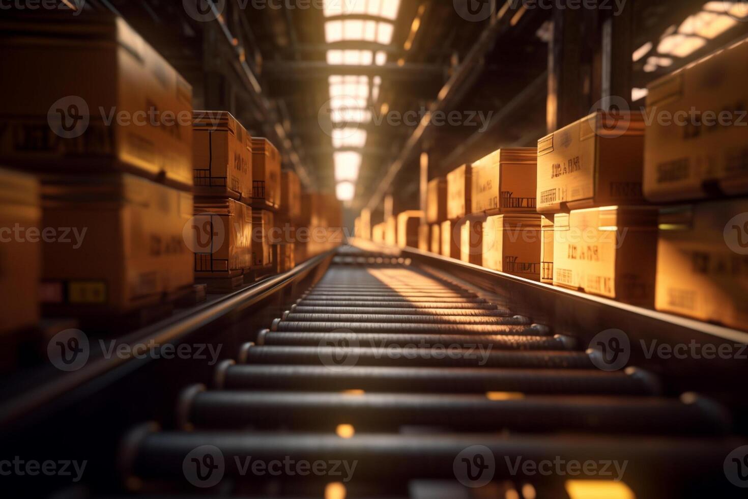 three boxes on the conveyor belt in the warehouse in the style of digital manipulation with photo