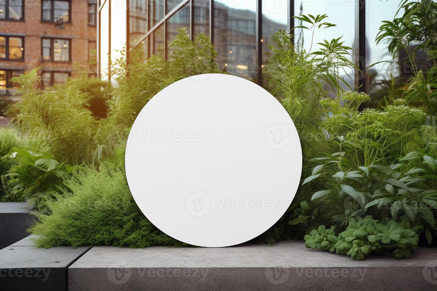 a blank white round metal sign mock up in modern urban with photo