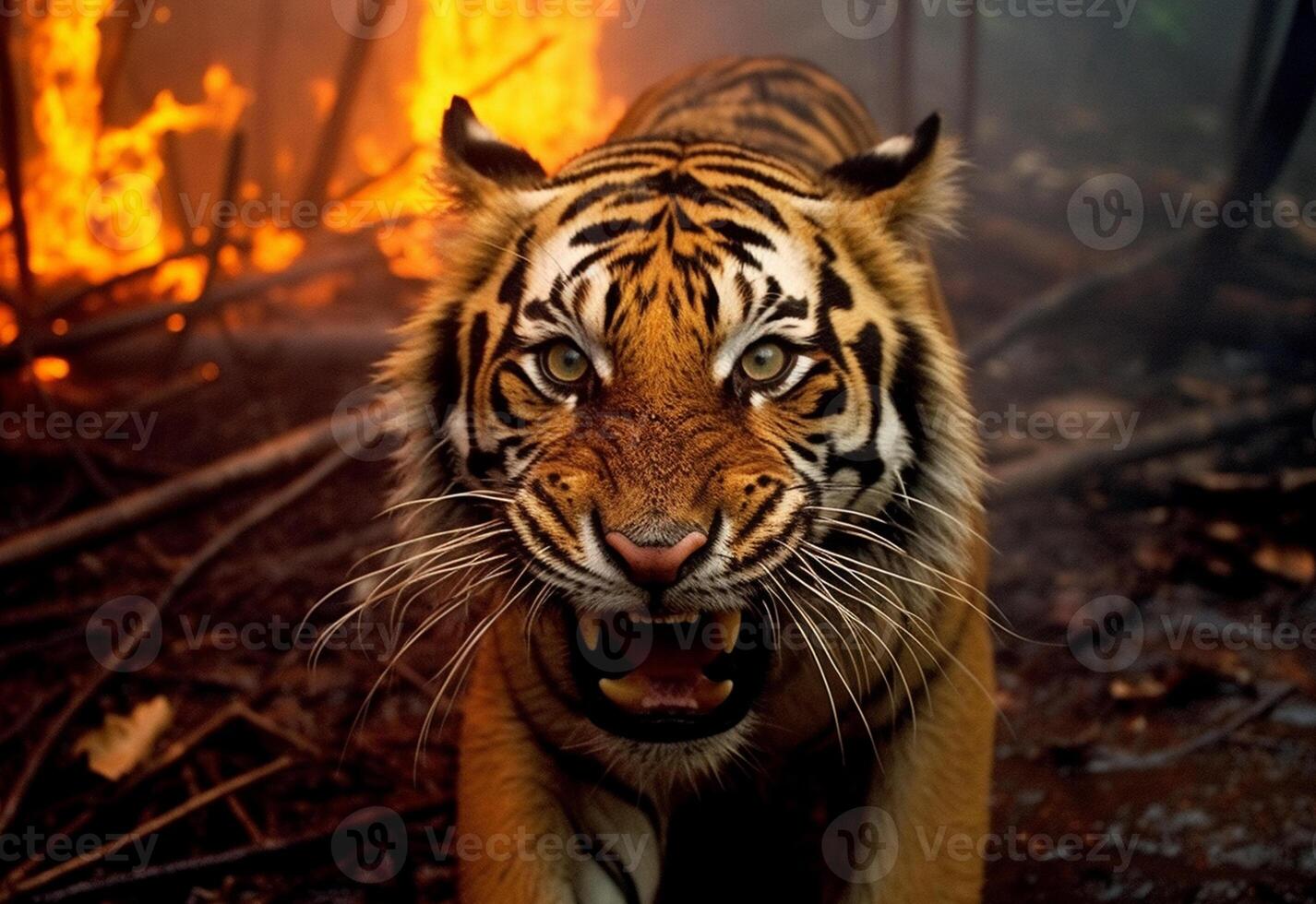 A potrait of poor tiger looks sad and mad trying to attack at burning forest photo