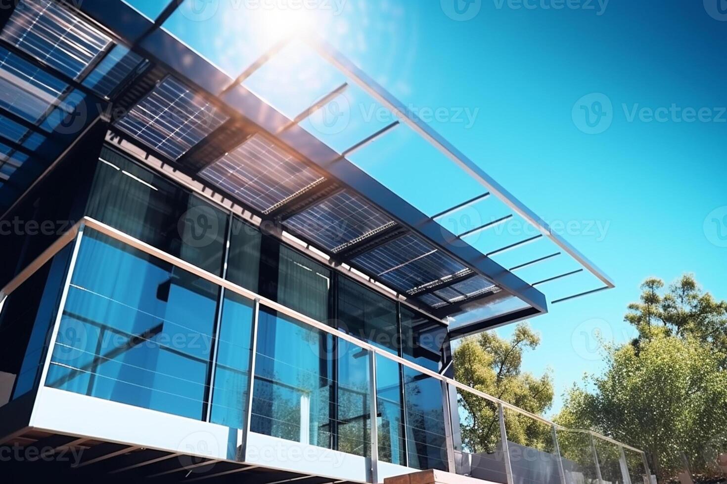 solar panel powered house with blue sky with photo