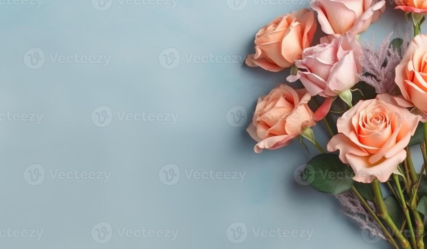 bouquet flowers of roses flatlay with large empty plain pastel background for text mockup photo