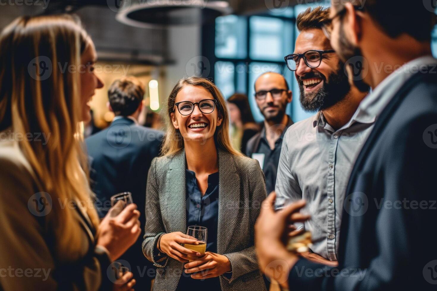 happy people talking to different people at an event in bright colors conference room with photo