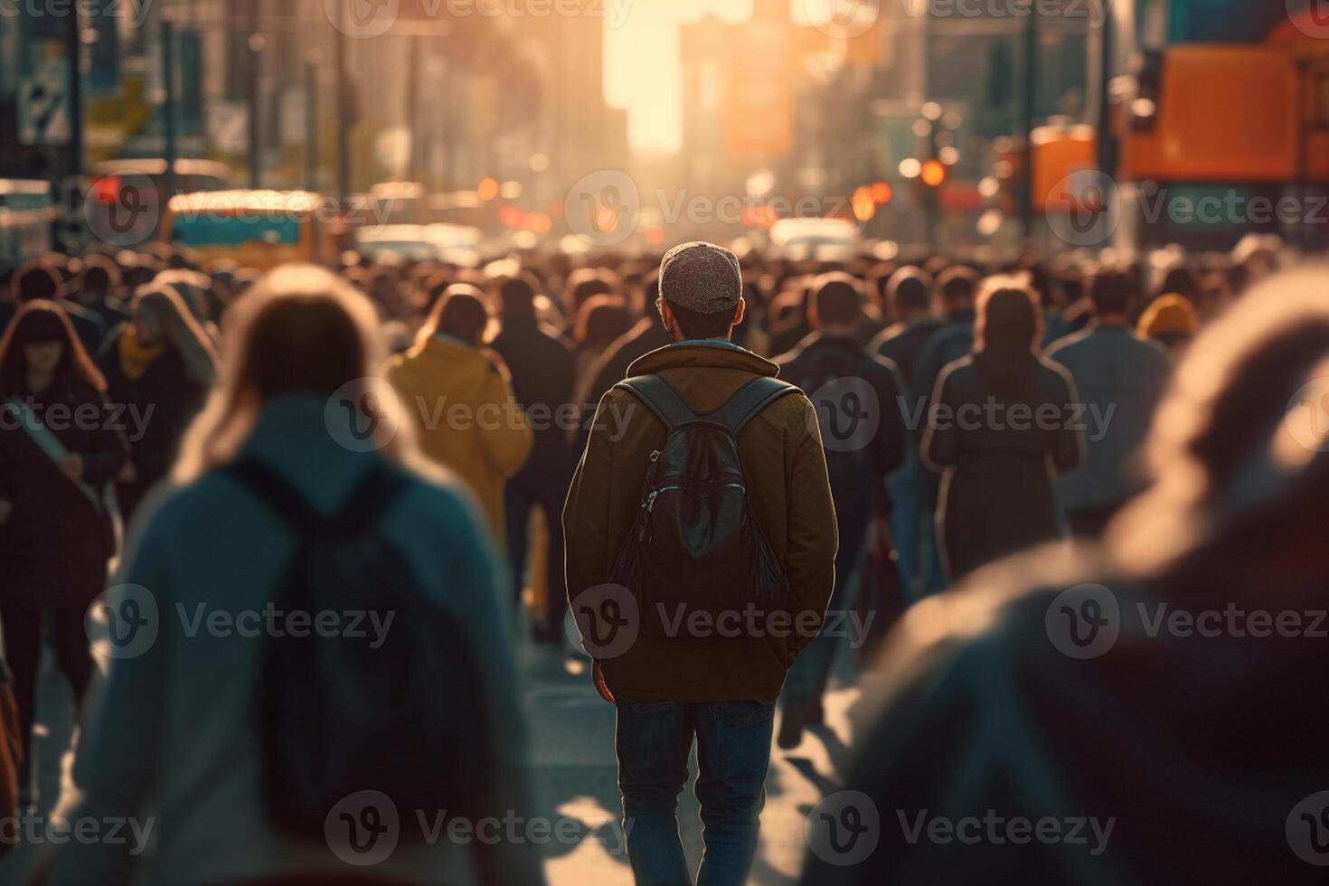 crowd of people walking in a busy road with photo