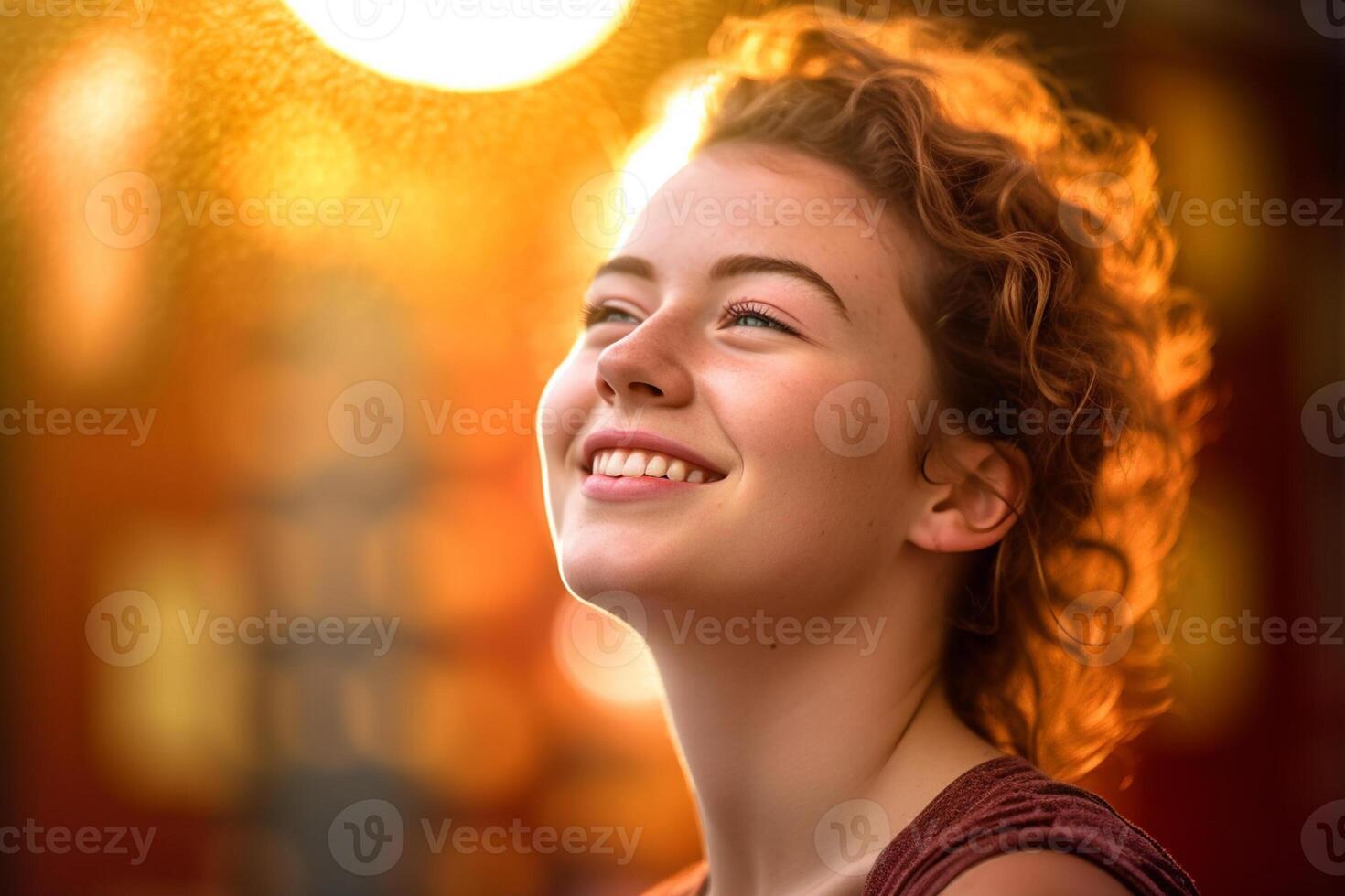 happy young woman who is thinking with photo