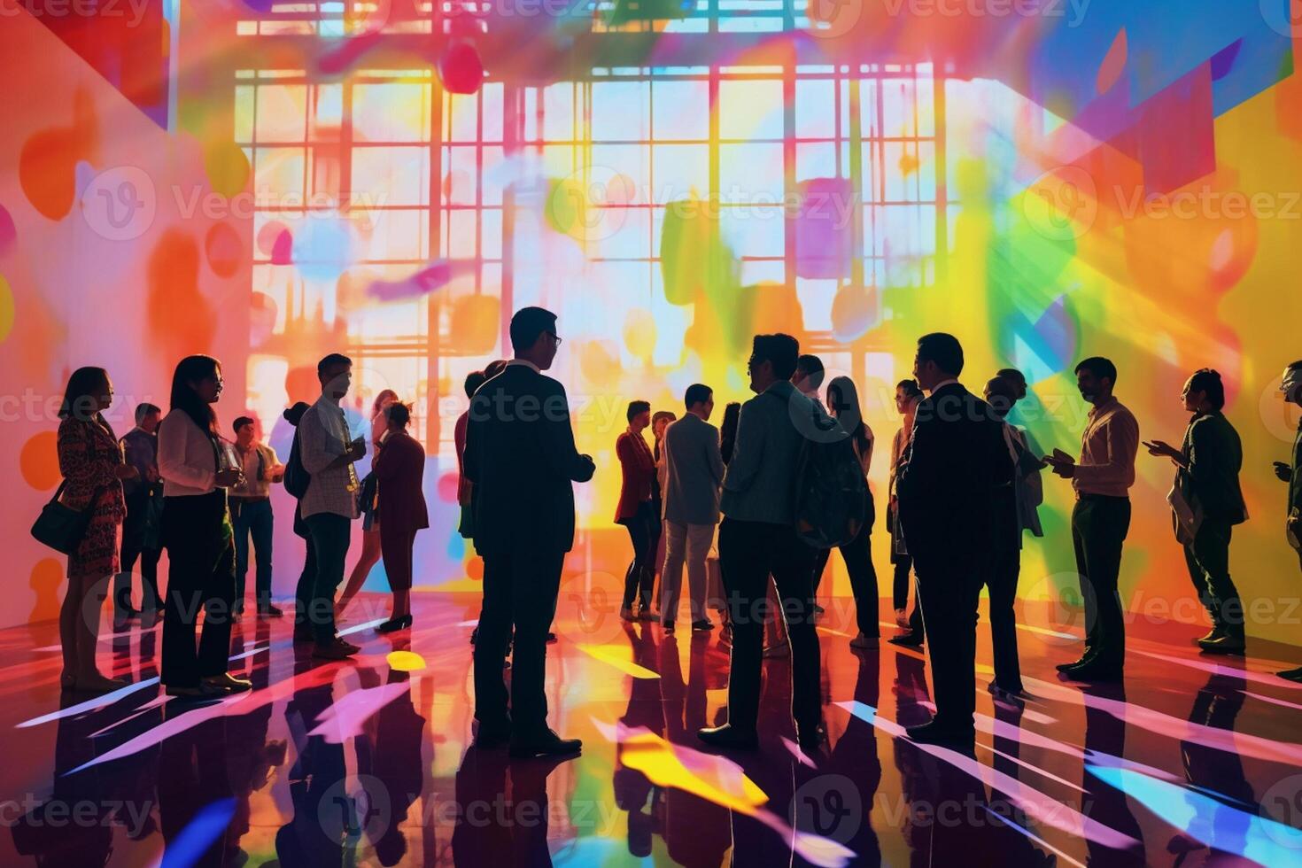 happy people talking to different people at an event in bright colors conference room with photo