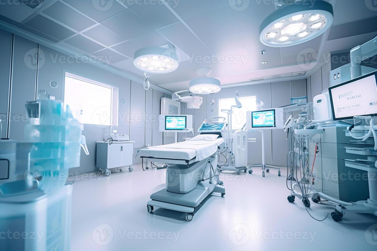 a room showing medical equipment in an bright hospital operating room with photo