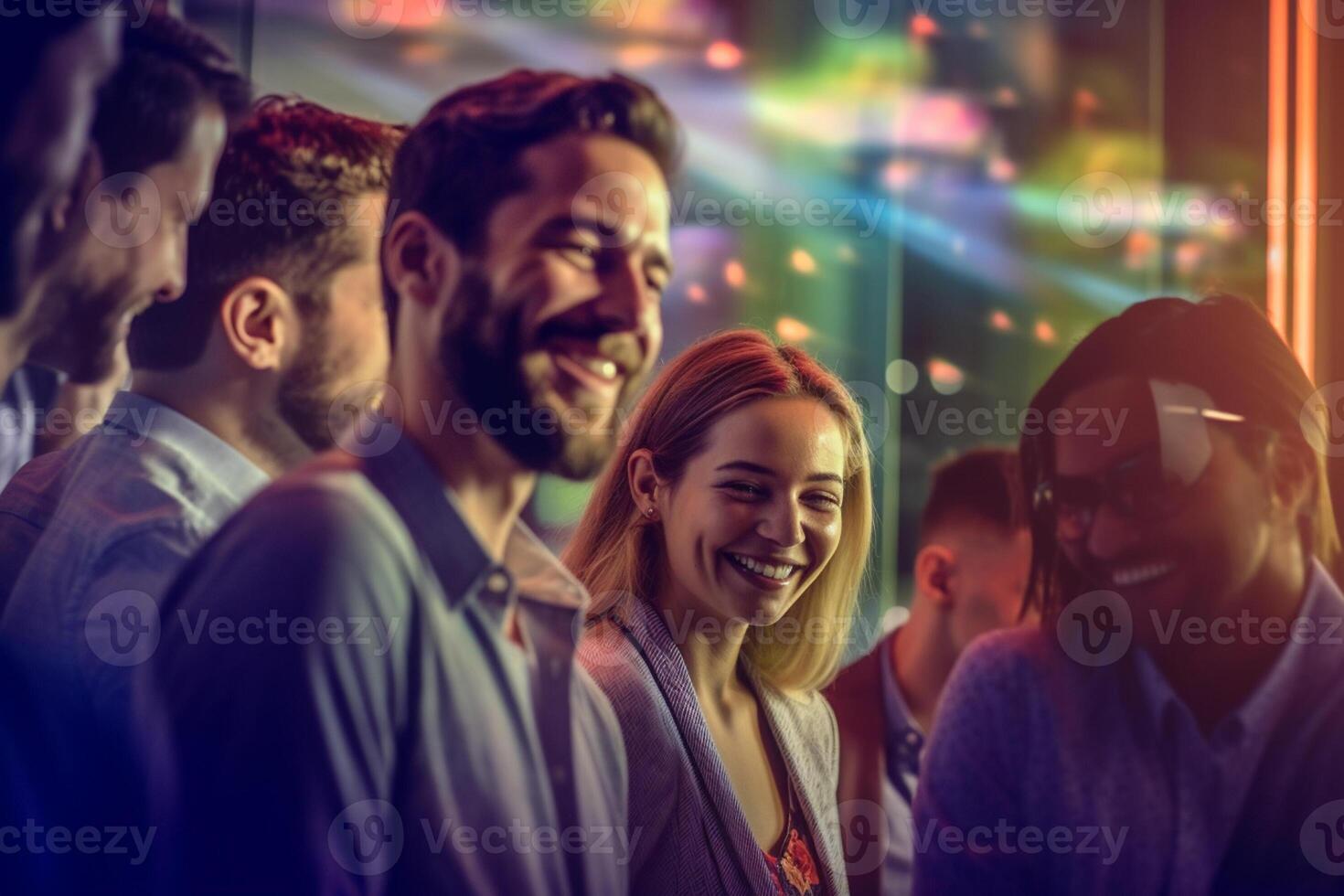 happy people talking to different people at an event in bright colors conference room with photo