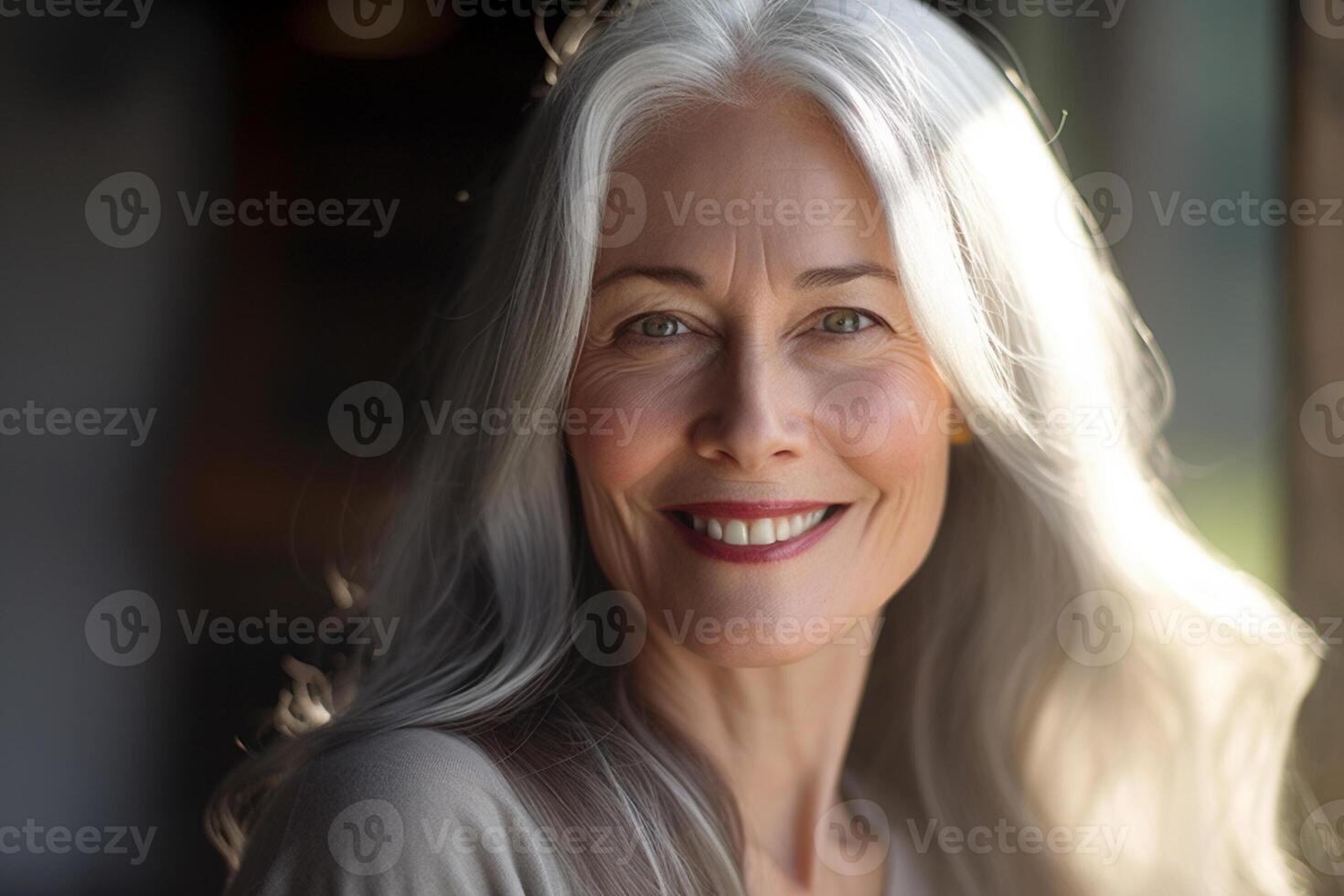a happy young woman with grey hair in the style of smooth and polished with photo