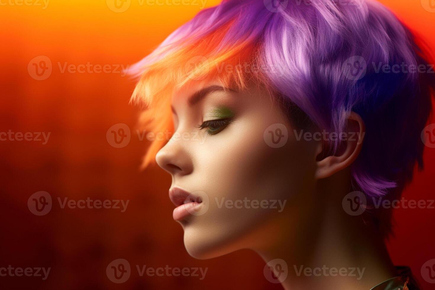 young woman with short color rainbow hair in violet and orange color with photo