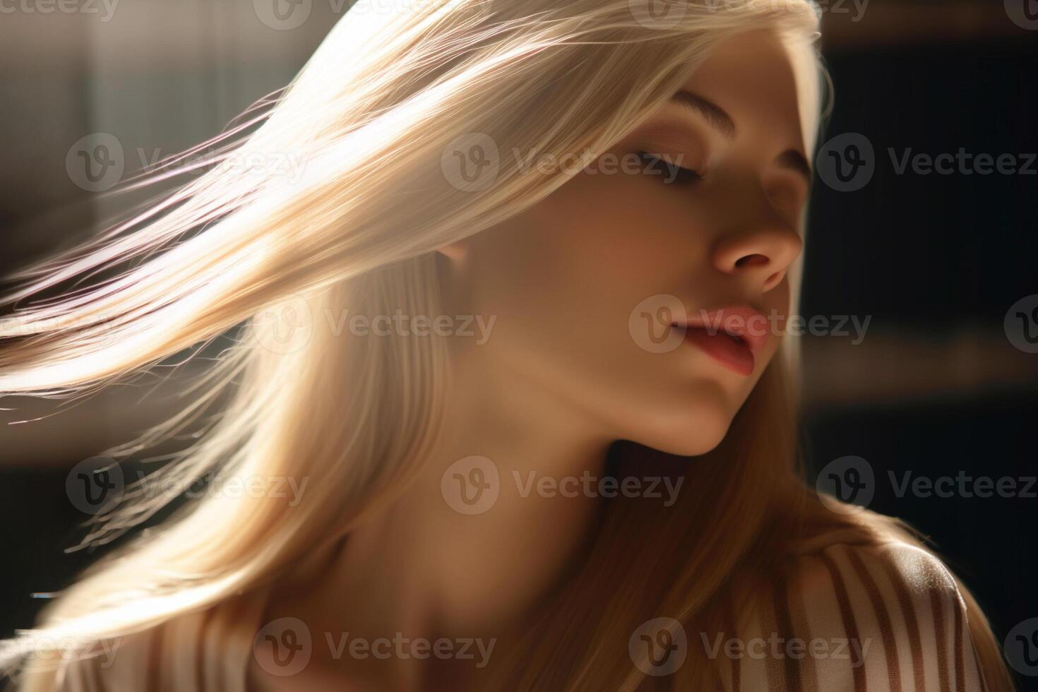a beautiful blonde hair with straight long streaks in the style of smooth and polished with photo