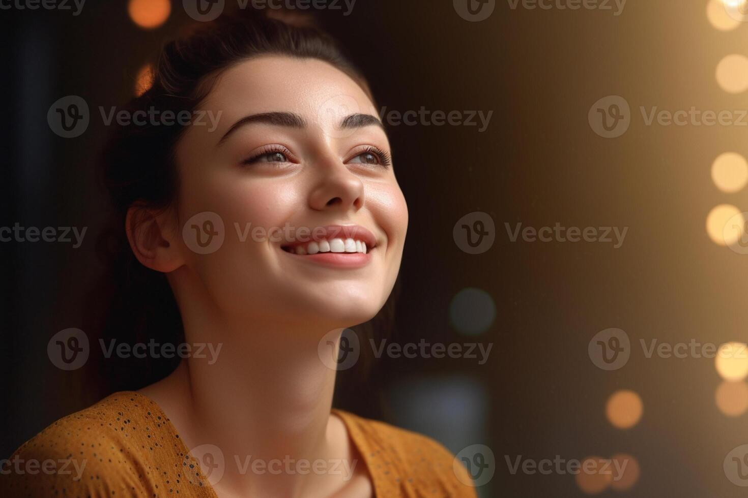 happy young woman who is thinking with photo