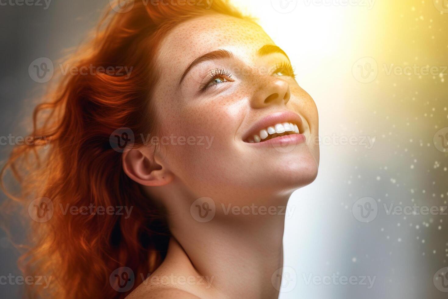 happy young woman who is thinking with photo