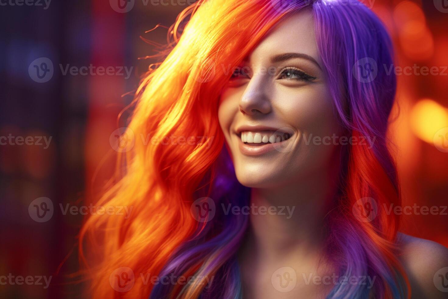 young woman with long hair in violet and orange color with photo