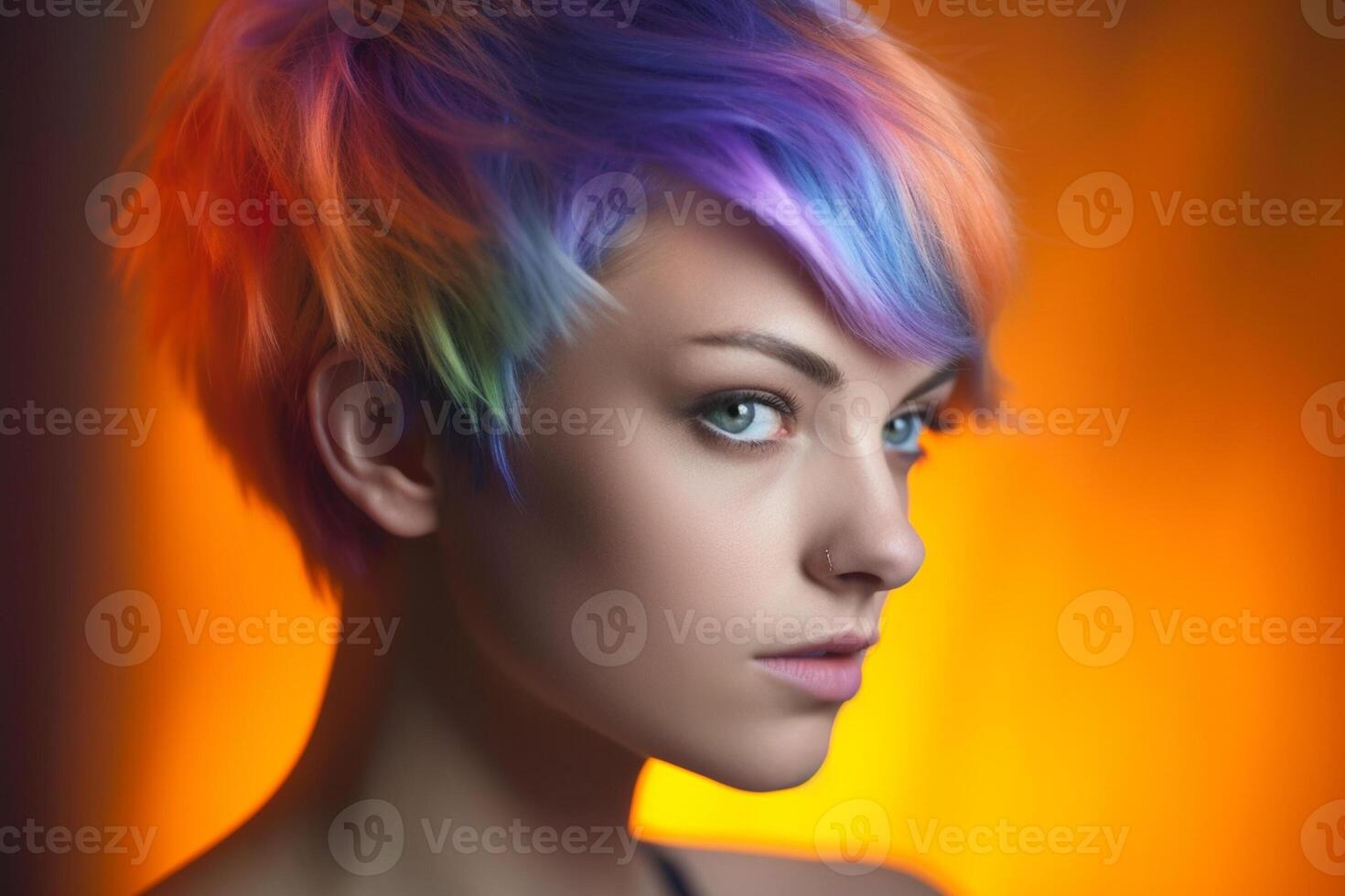 young woman with short color rainbow hair in violet and orange color with photo