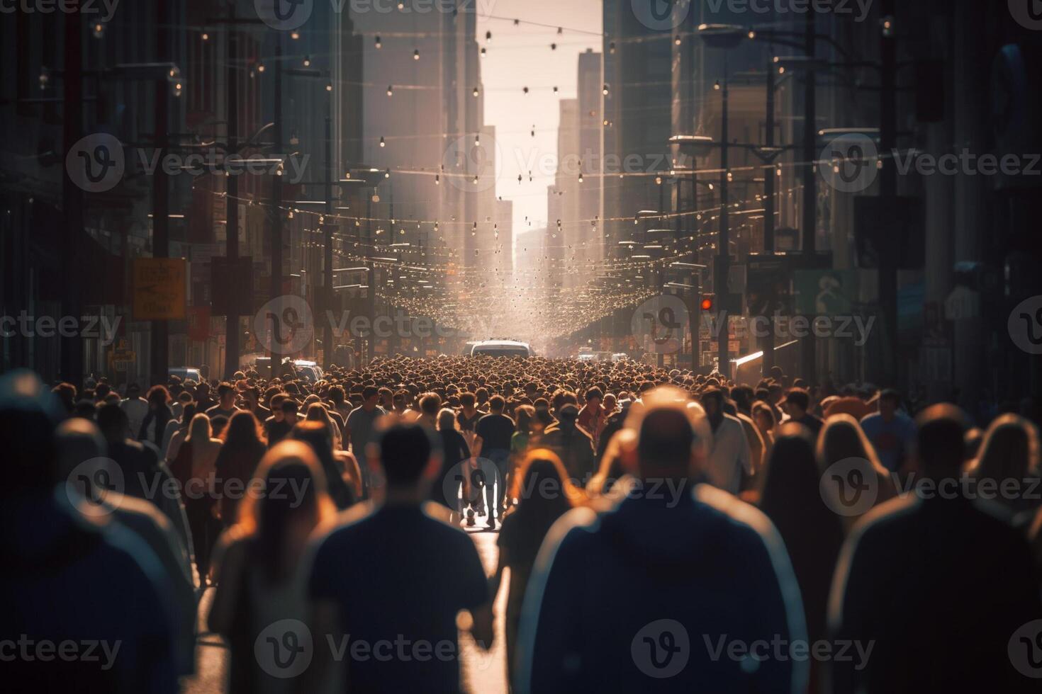 crowd of people walking in a busy road with photo