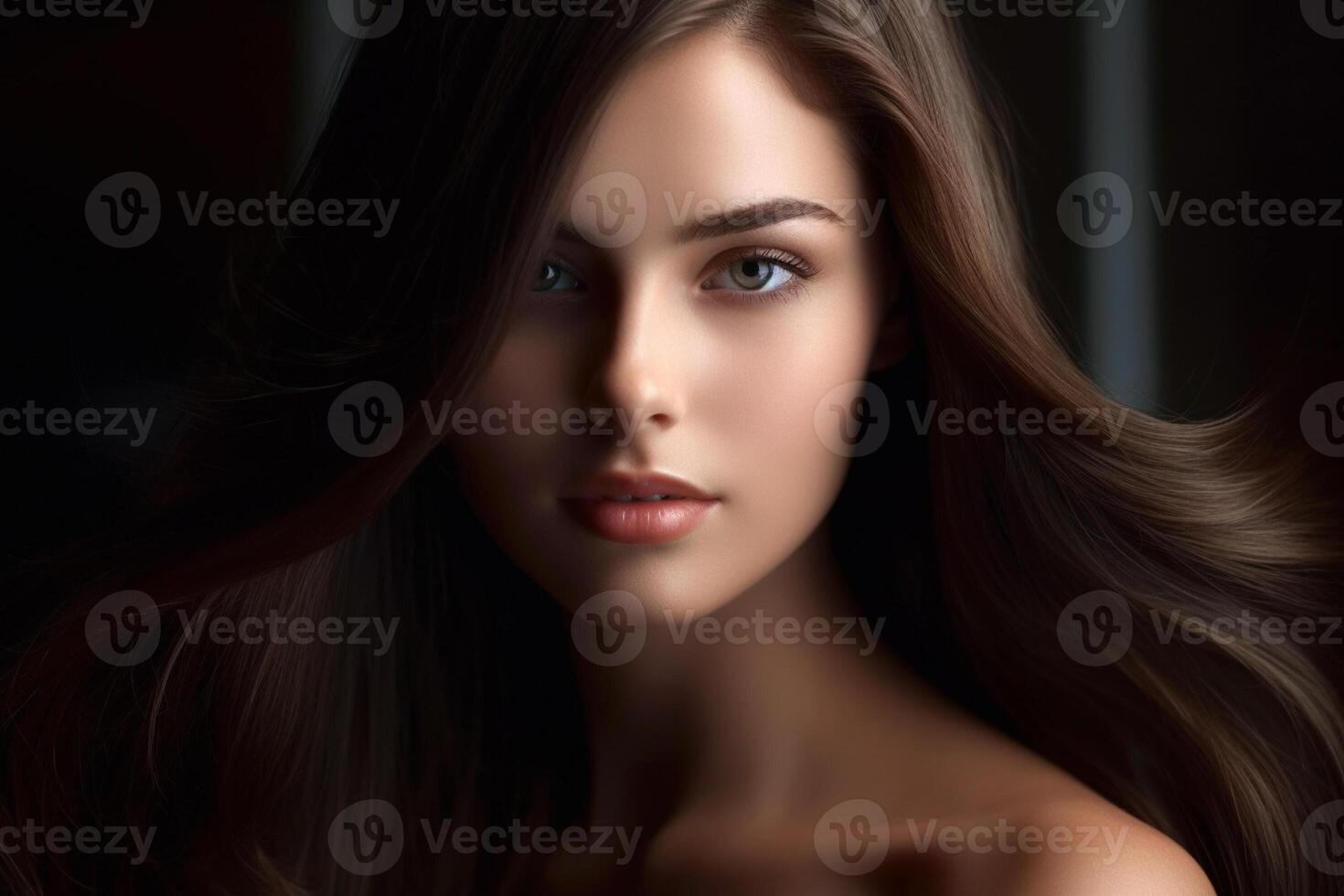 beautiful woman with dark brown hair in the style of smooth and polished with photo