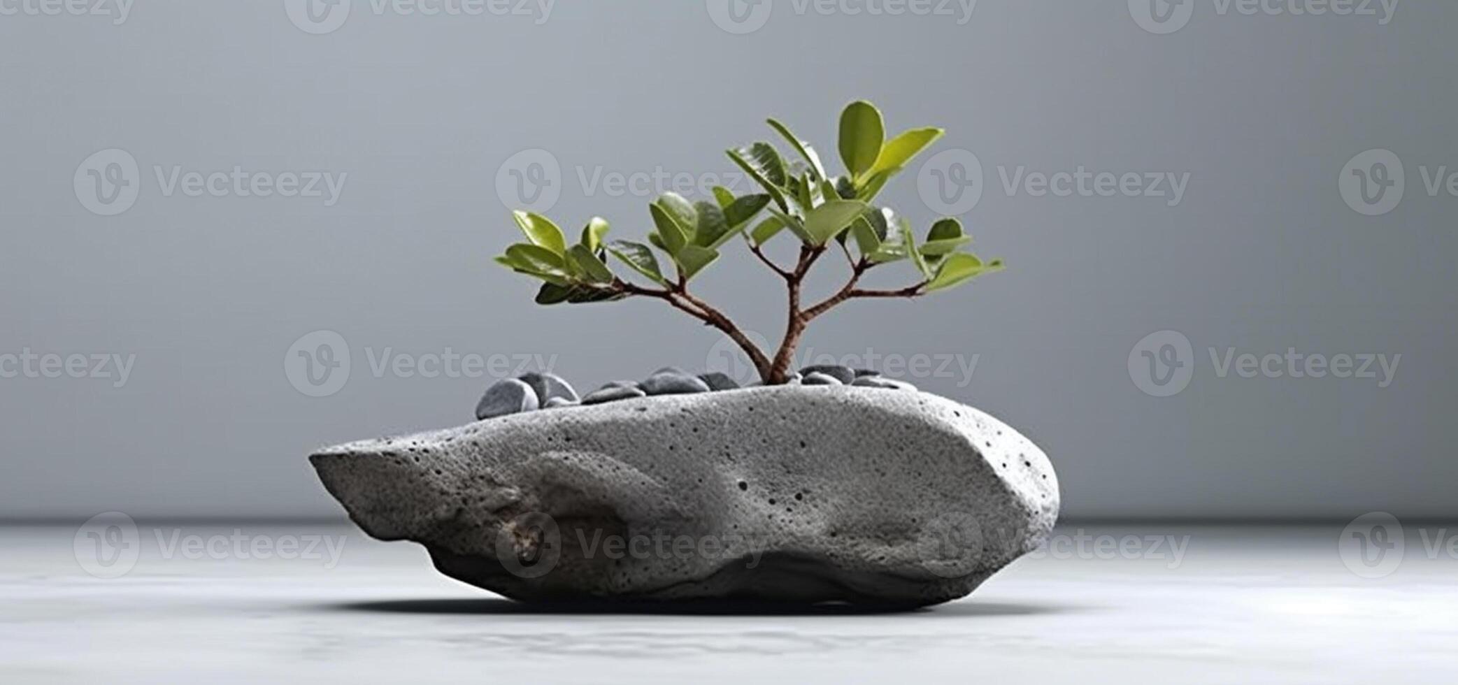 un soltero rama de un pequeño planta en rocas generativo ai foto