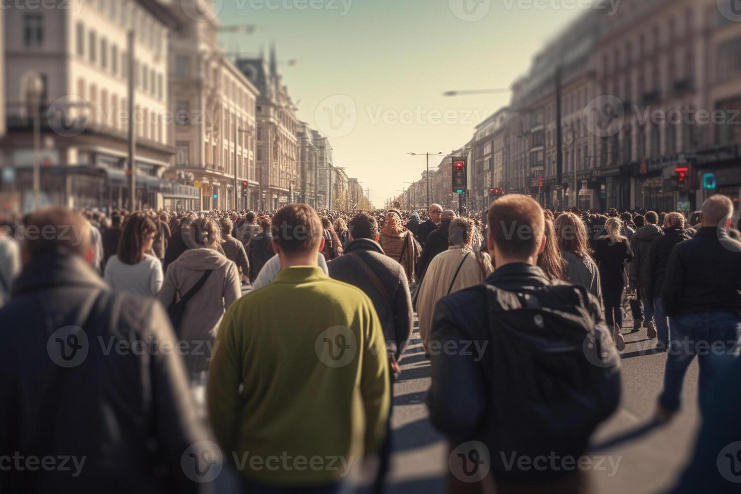 crowd of people walking in a busy road with photo