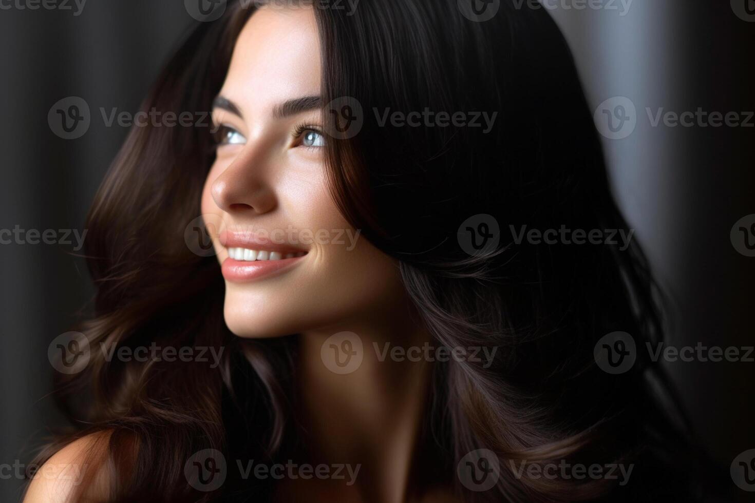 beautiful woman with dark brown hair in the style of smooth and polished with photo