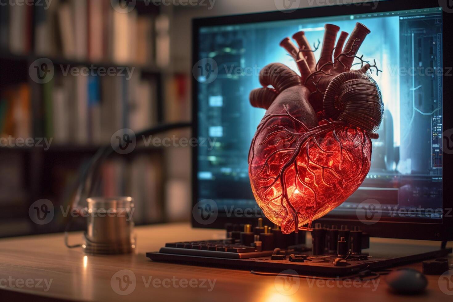 Synthetic heart in a science lab with photo