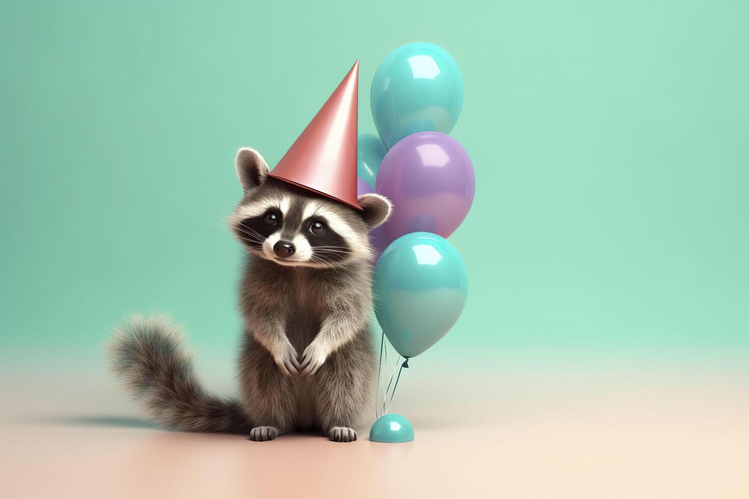 Raccoon in birthday hat with balloons. . photo