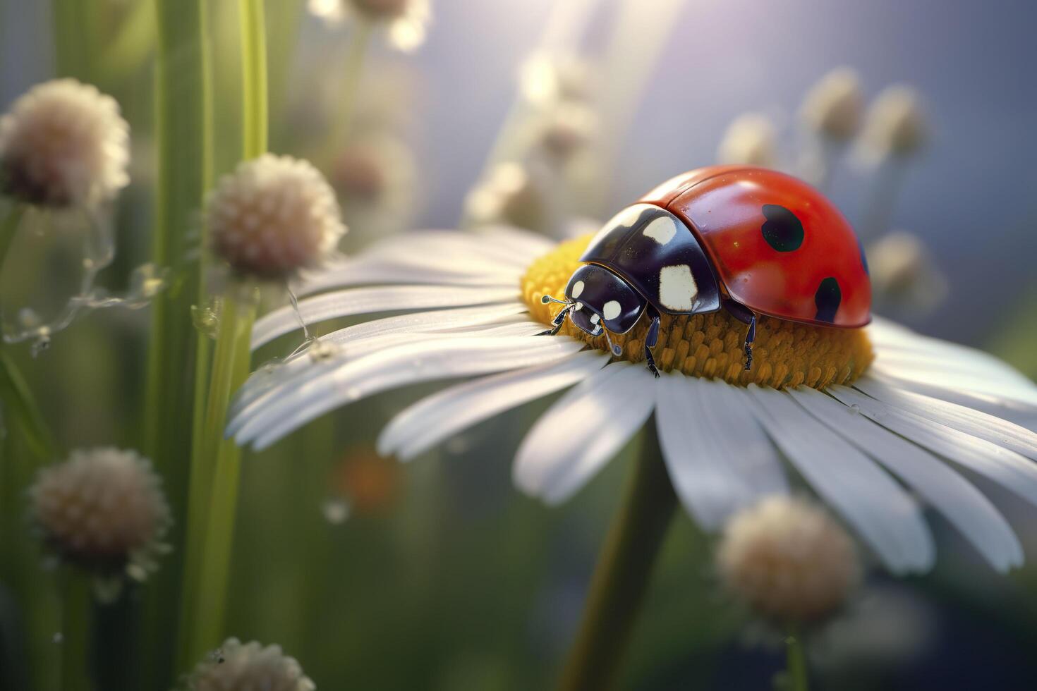 Ladybug on a chamomile flower. . photo