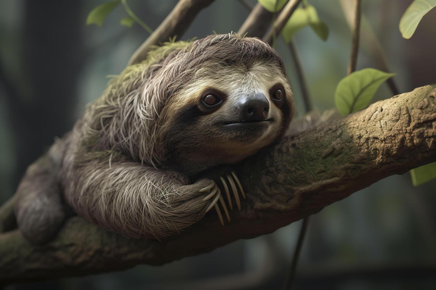 A cute sloth is hanging on a branch. . photo