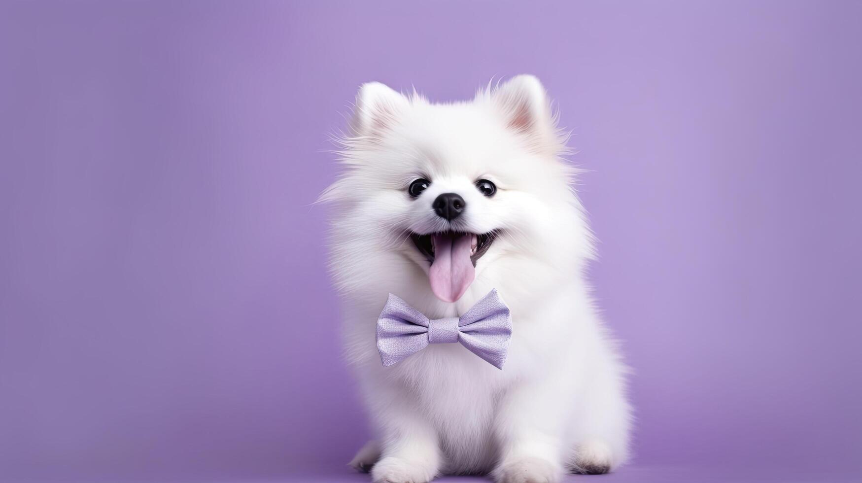 Cute spitz puppy in a bow tie on a lilac background. . photo